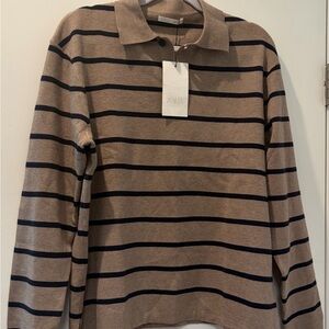 Zara Men’s Beige and Navy Striped Polo Knit Size S